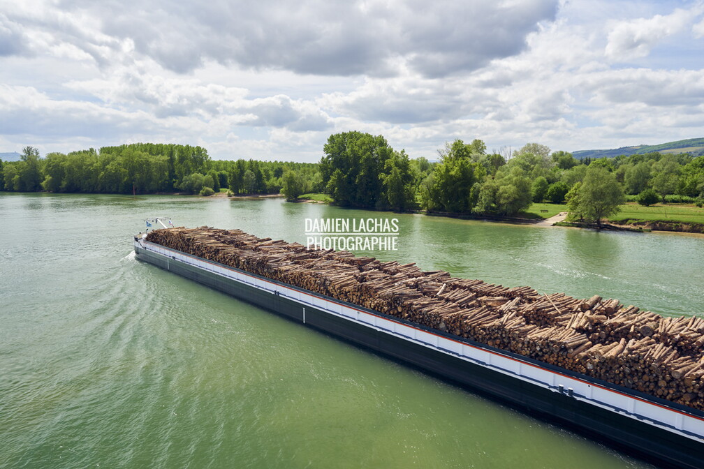 La péniche grand gabarit le Condor chargée de bois en provenance du port de Villefranche-sur-Saône pour une papeterie à Tarascon, ici à Saint-Bernard. vnf_dtrs_filliere_bois_condor_avril2018_navigation_003.jpg