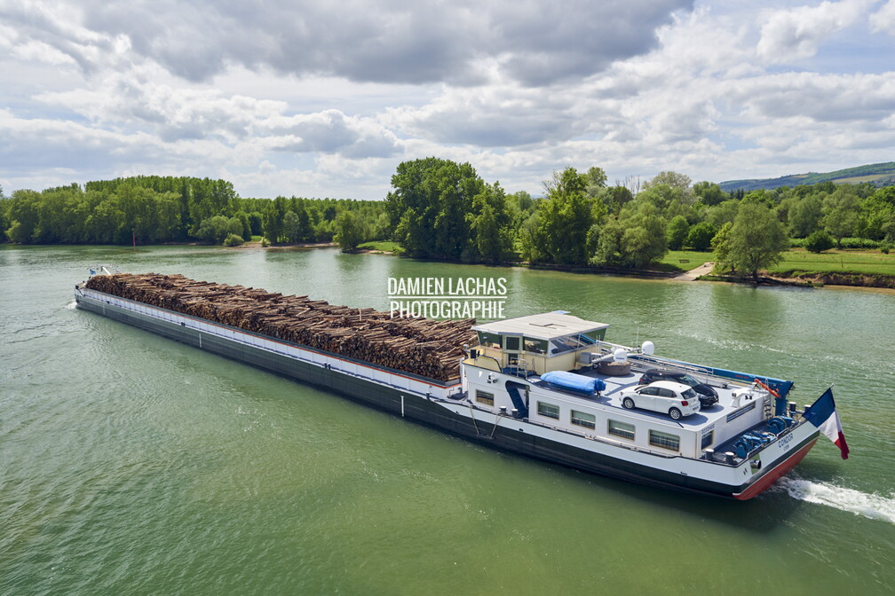 La péniche grand gabarit le Condor chargée de bois en provenance du port de Villefranche-sur-Saône pour une papeterie à Tarascon, ici à Saint-Bernard. vnf_dtrs_filliere_bois_condor_avril2018_navigation_004.jpg
